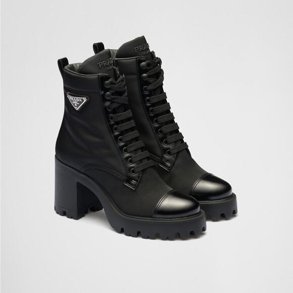 Prada Black Leather/ Re-Nylon Metal Triangle Logo 110mm Ankle Boots EU 38.5 - Picture 1 of 15